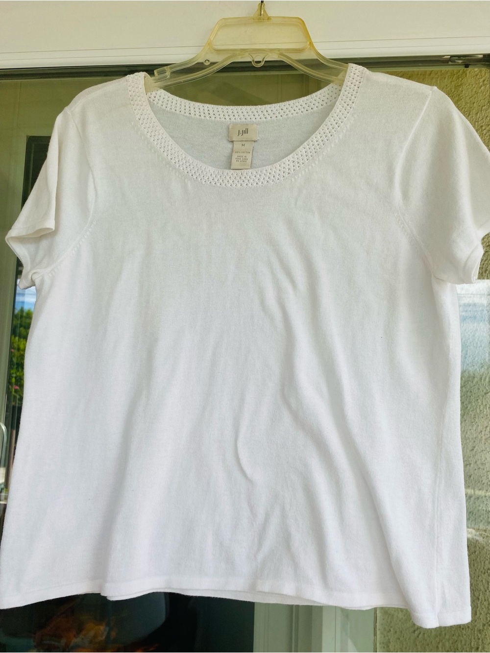 J. Jill White Cotton Knit Crochet Trim Short Sleeve Top Medium